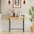 Rattan Console Table with Storage Drawer and Side Shelves, Wood Grain Finish