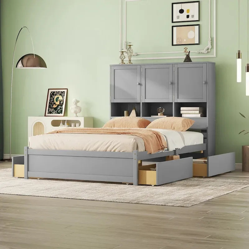 Queen Size Platform Bed with Storage Headboard and 4 Drawers