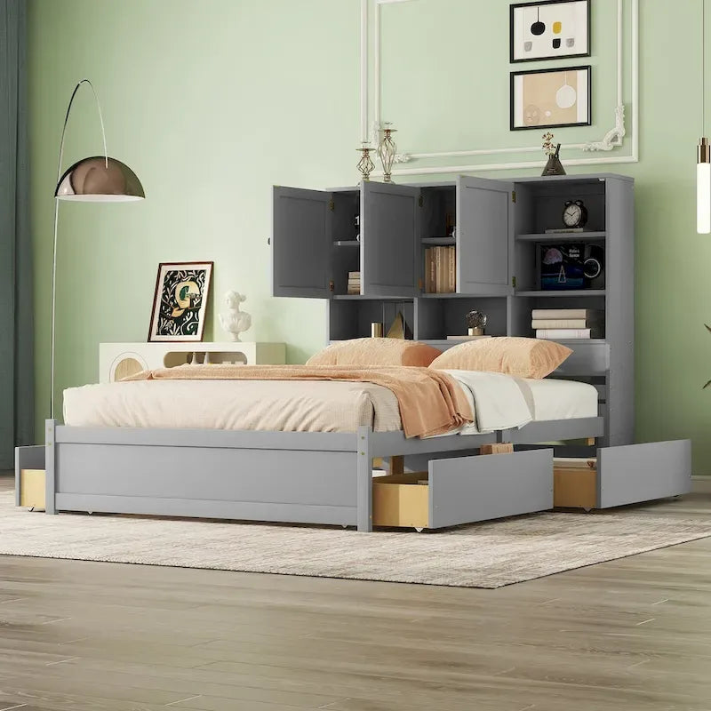 Queen Size Platform Bed with Storage Headboard and 4 Drawers