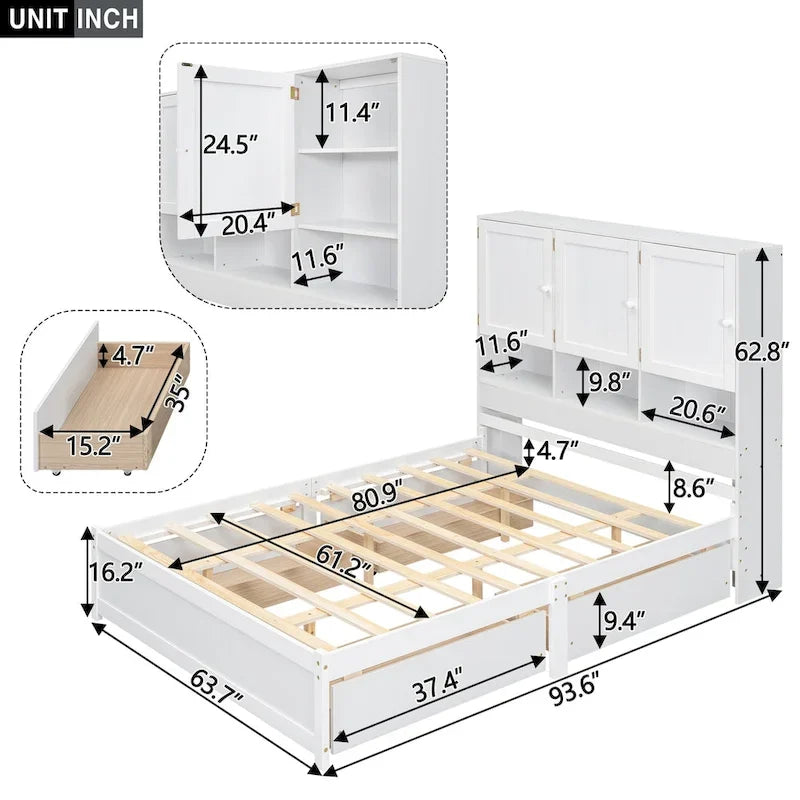 Queen Size Platform Bed with Storage Headboard and 4 Drawers