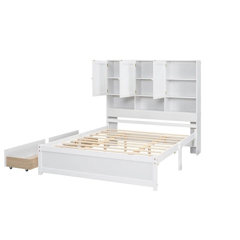 Queen Size Platform Bed with Storage Headboard and 4 Drawers