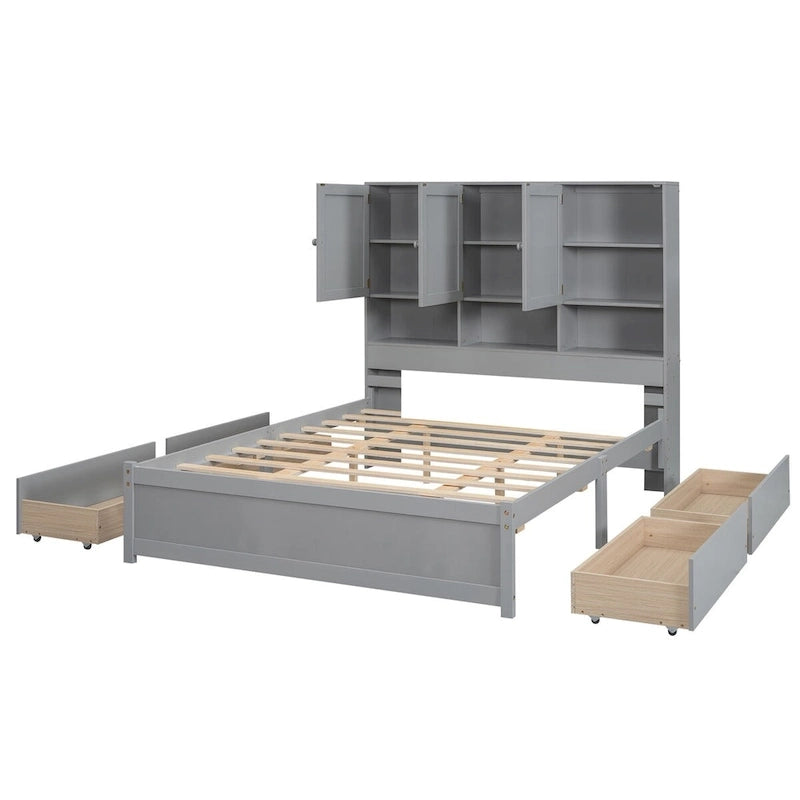 Queen Size Platform Bed with Storage Headboard and 4 Drawers