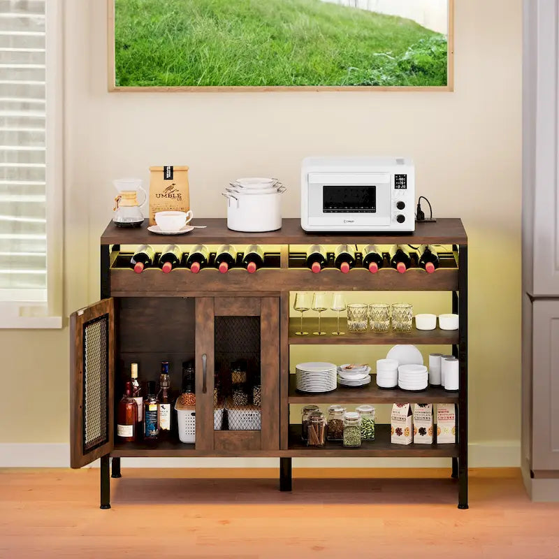  47 Wine Bar Cabinet with Power Outlets and LED Lights Industrial Coffee Bar Cabinets - 47.2L x 15.7W x 33.4H