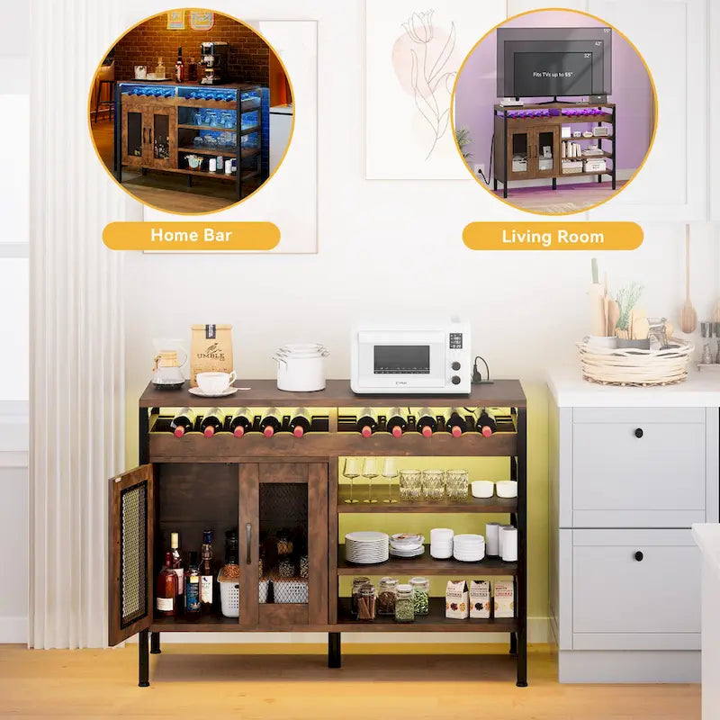 47 Wine Bar Cabinet with Power Outlets and LED Lights Industrial Coffee Bar Cabinets - 47.2L x 15.7W x 33.4H
