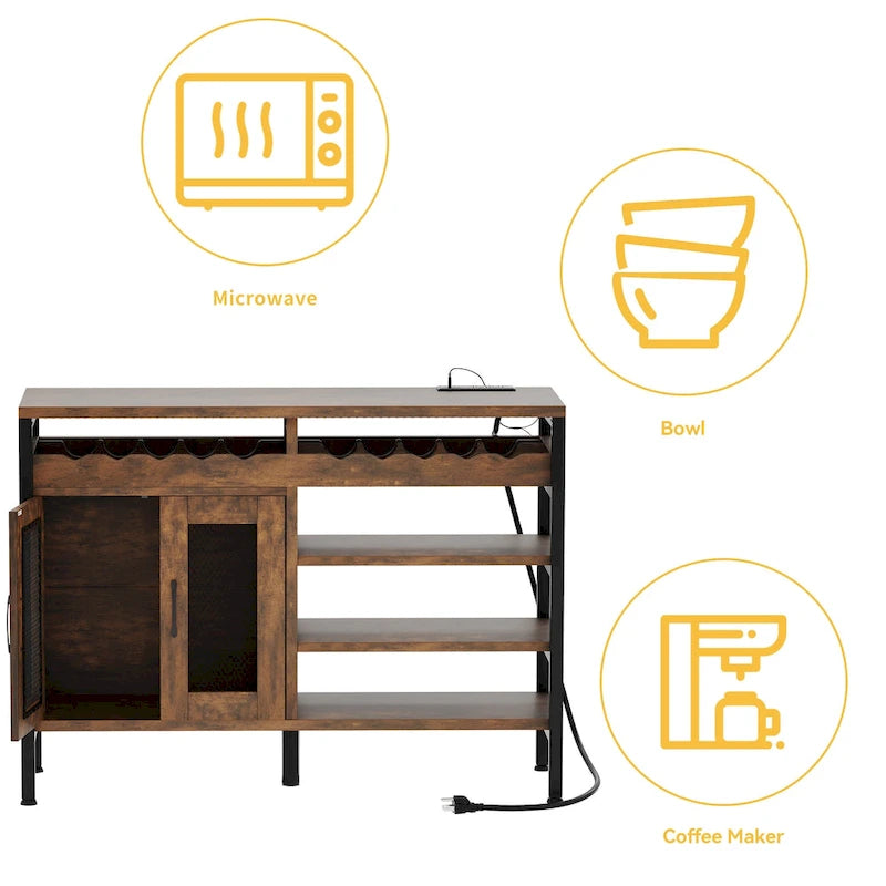 47 Wine Bar Cabinet with Power Outlets and LED Lights Industrial Coffee Bar Cabinets - 47.2L x 15.7W x 33.4H