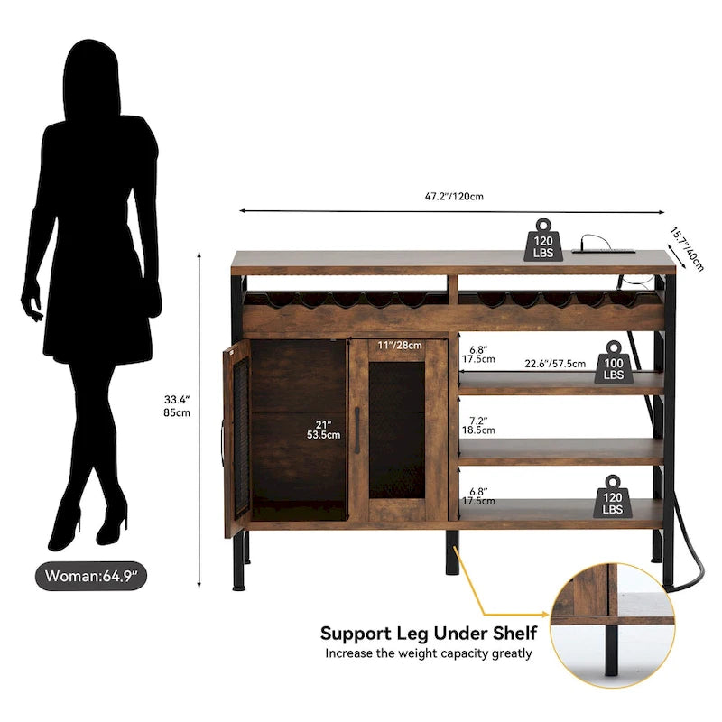 47 Wine Bar Cabinet with Power Outlets and LED Lights Industrial Coffee Bar Cabinets - 47.2L x 15.7W x 33.4H