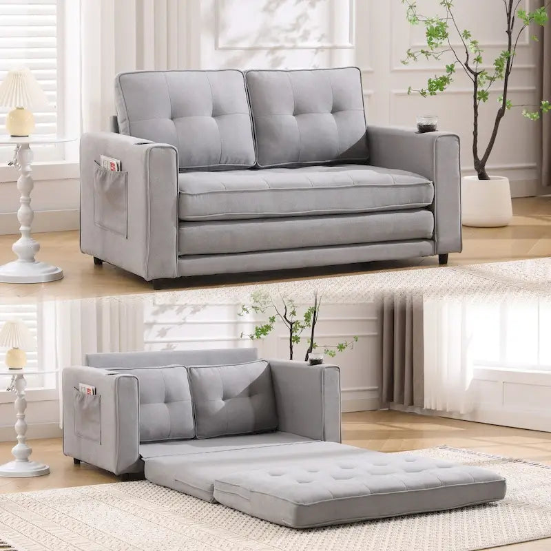 Upholstered Futon Sofa with Pull-Out Sleeper Couch, Multicolour Choice Foldable Tufted Loveseat With Cup Holder