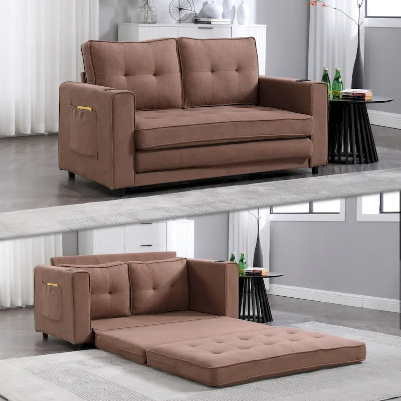 Upholstered Futon Sofa with Pull-Out Sleeper Couch, Multicolour Choice Foldable Tufted Loveseat With Cup Holder