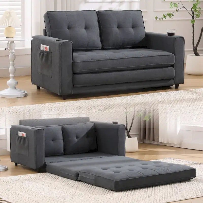 Upholstered Futon Sofa with Pull-Out Sleeper Couch, Multicolour Choice Foldable Tufted Loveseat With Cup Holder