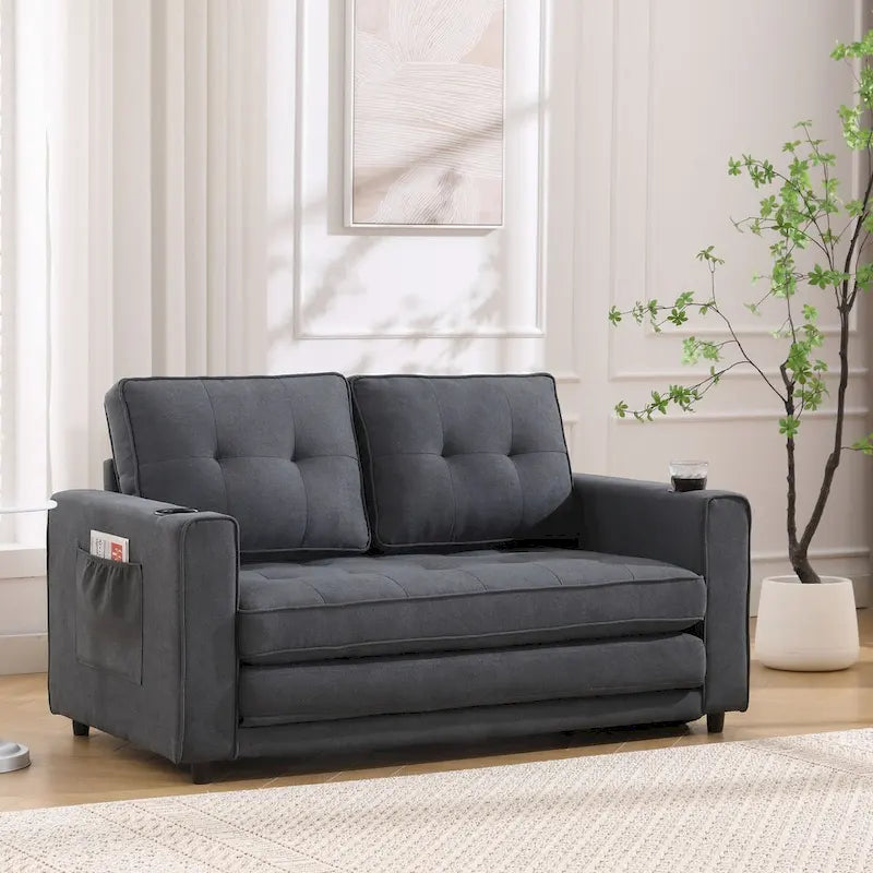 Upholstered Futon Sofa Bed, Foldable 3-in-1 Tufted Loveseat with Cup Holder, Multiple Colors