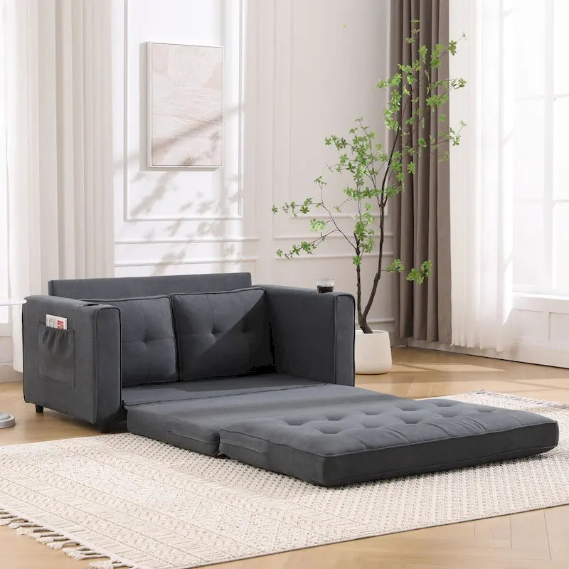 Upholstered Futon Sofa Bed, Foldable 3-in-1 Tufted Loveseat with Cup Holder, Multiple Colors
