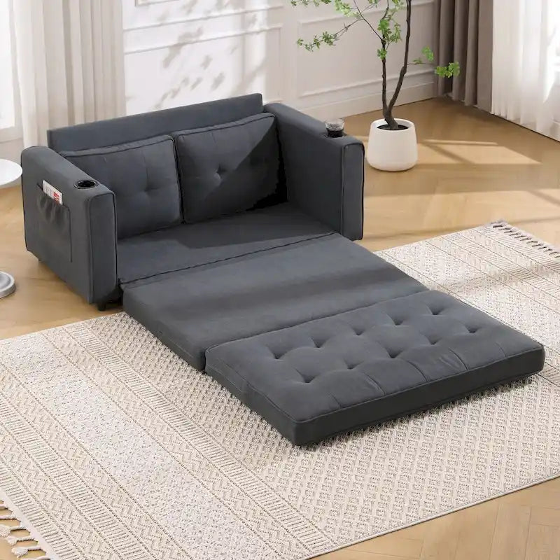 Upholstered Futon Sofa Bed, Foldable 3-in-1 Tufted Loveseat with Cup Holder, Multiple Colors