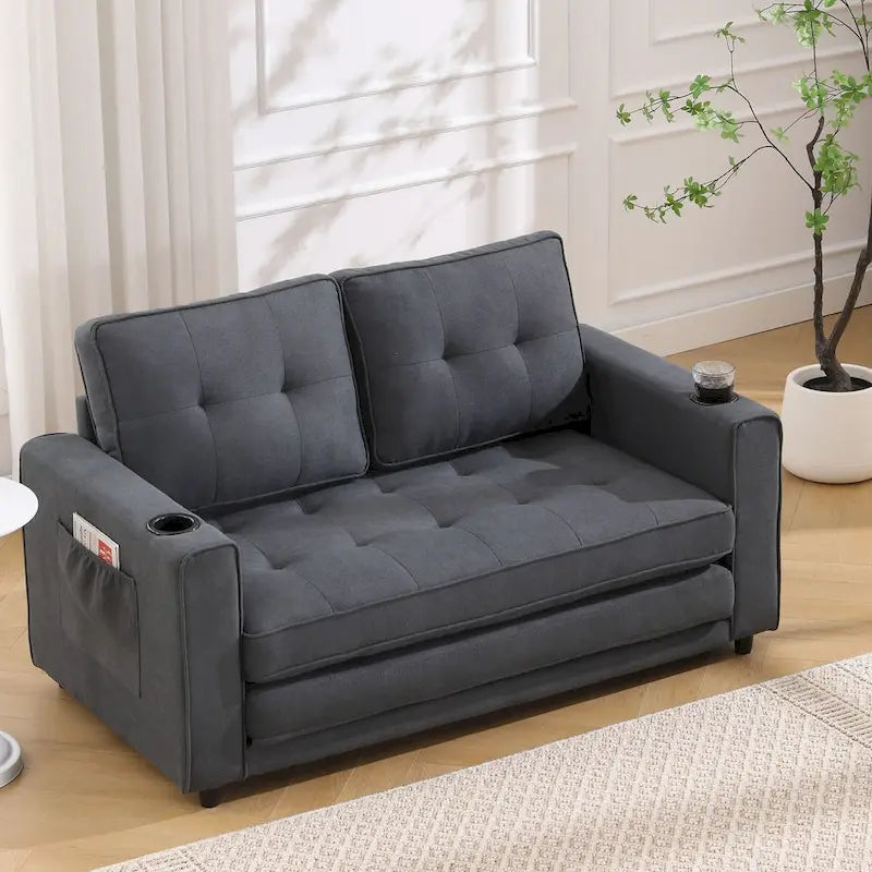 Upholstered Futon Sofa Bed, Foldable 3-in-1 Tufted Loveseat with Cup Holder, Multiple Colors