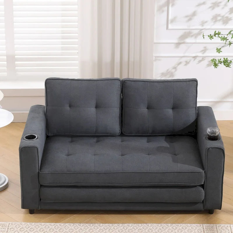 Upholstered Futon Sofa Bed, Foldable 3-in-1 Tufted Loveseat with Cup Holder, Multiple Colors
