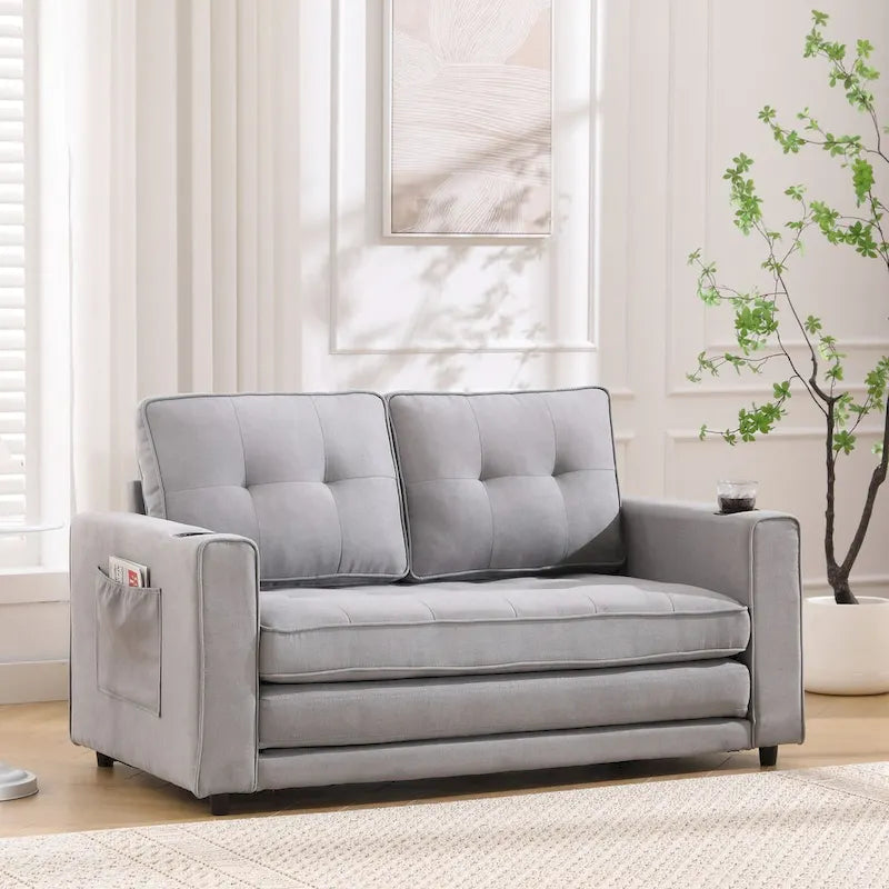 Upholstered Futon Sofa Bed, Foldable 3-in-1 Tufted Loveseat with Cup Holder, Multiple Colors