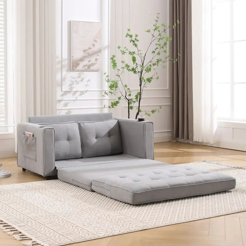 Upholstered Futon Sofa Bed, Foldable 3-in-1 Tufted Loveseat with Cup Holder, Multiple Colors