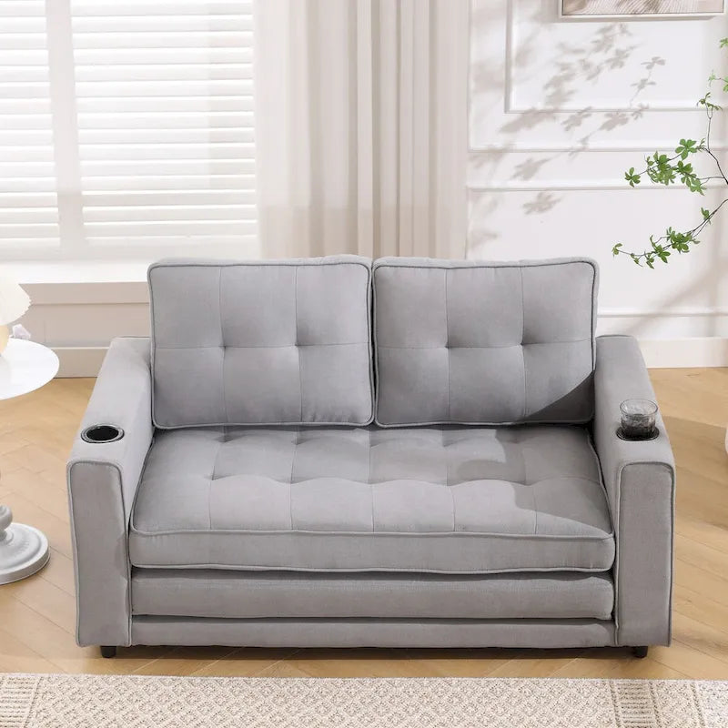 Upholstered Futon Sofa Bed, Foldable 3-in-1 Tufted Loveseat with Cup Holder, Multiple Colors