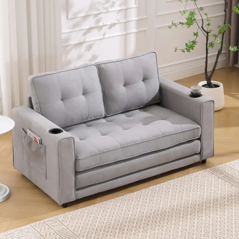 Upholstered Futon Sofa Bed, Foldable 3-in-1 Tufted Loveseat with Cup Holder, Multiple Colors