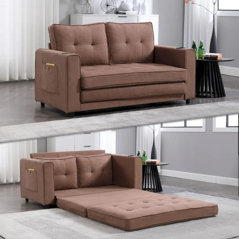 Upholstered Futon Sofa Bed, Foldable 3-in-1 Tufted Loveseat with Cup Holder, Multiple Colors