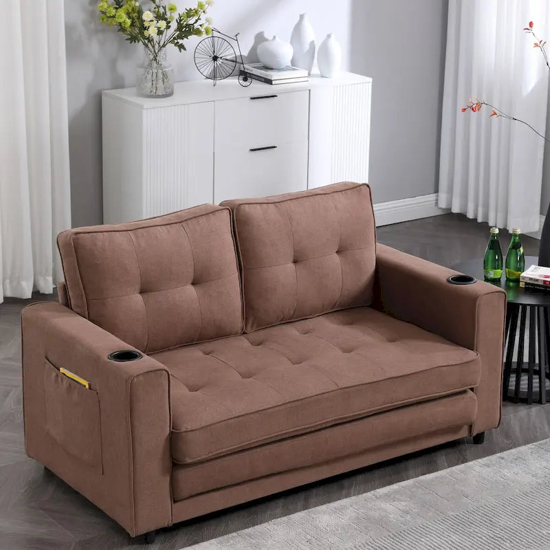 Upholstered Futon Sofa Bed, Foldable 3-in-1 Tufted Loveseat with Cup Holder, Multiple Colors
