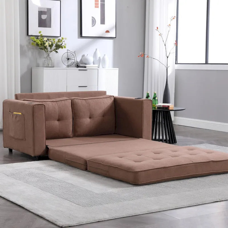Upholstered Futon Sofa Bed, Foldable 3-in-1 Tufted Loveseat with Cup Holder, Multiple Colors